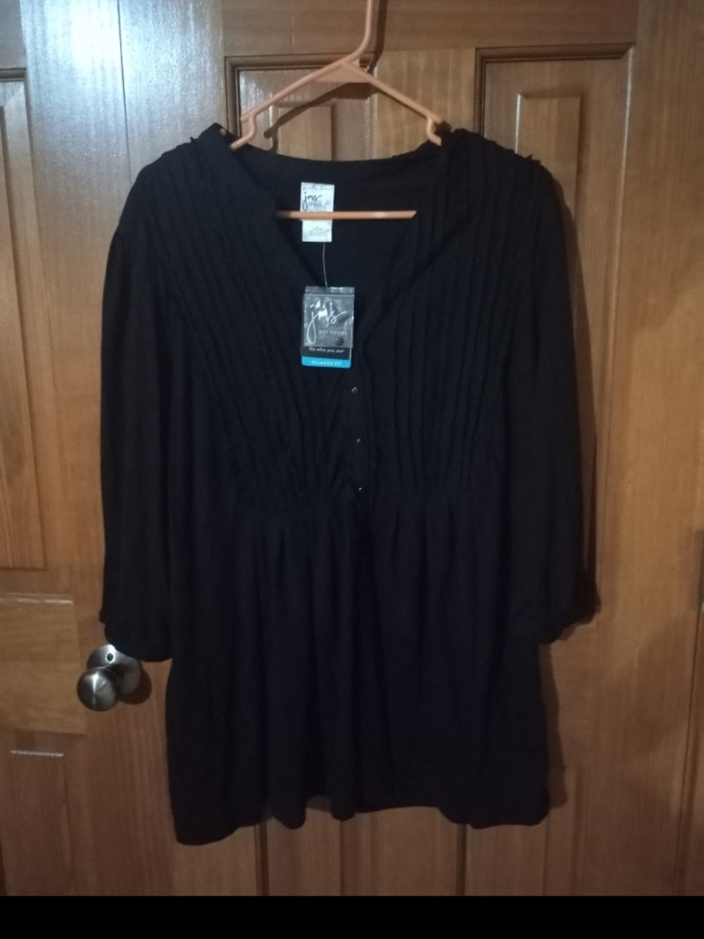 Just My Size Black Long-Sleeve Pleated V-Neck Tunic Dress